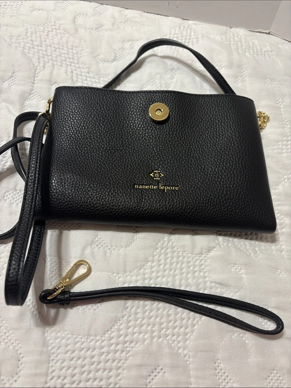 Nanette Lepore Black Pebbled Leather Crossbody with Gold Hardware